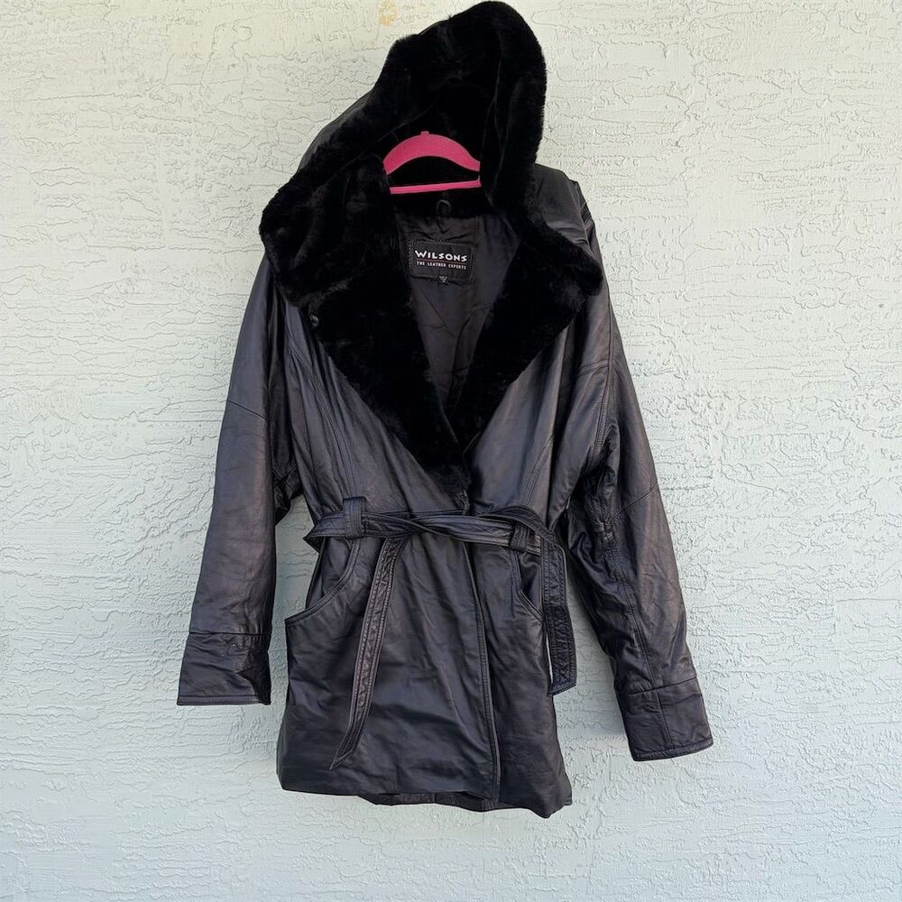 Wilsons Leather Women's Vintage Black Hooded Belted Coat Size M